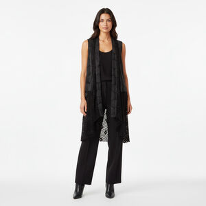 Red Coral Dark Boho Long Knit Cardigan Vest Macrame Lace Hem Size OS Charcoal